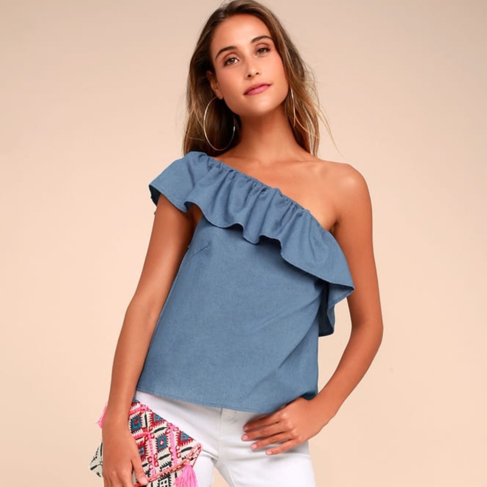 One shoulder chambray blouse